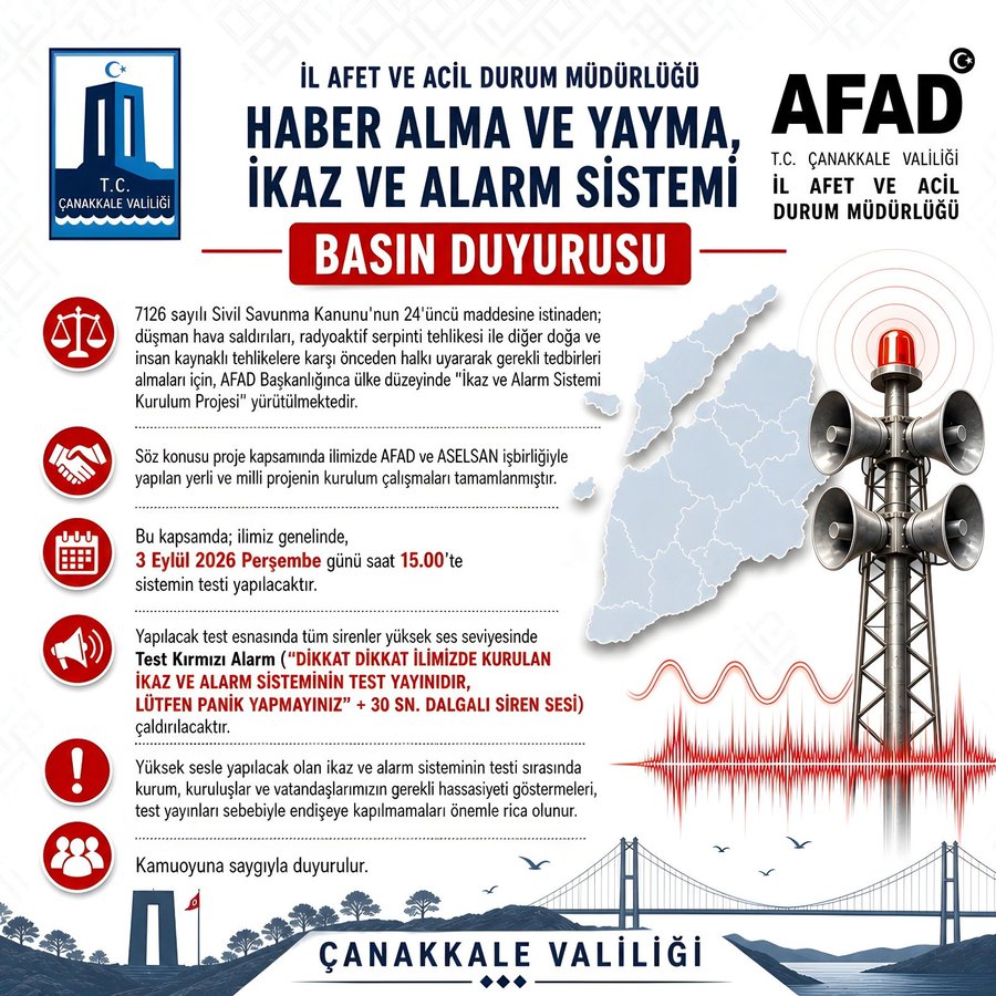 İkaz ve Alarm Sistemi Testi Yapılacaktır
